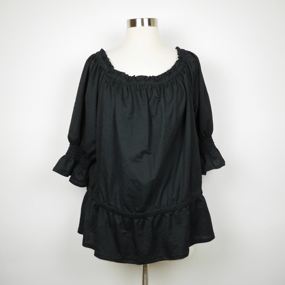 ANN TAYLOR Women's 2XL - Black loose fit ruffled 3/4 sleeve stretch blouse shirt
